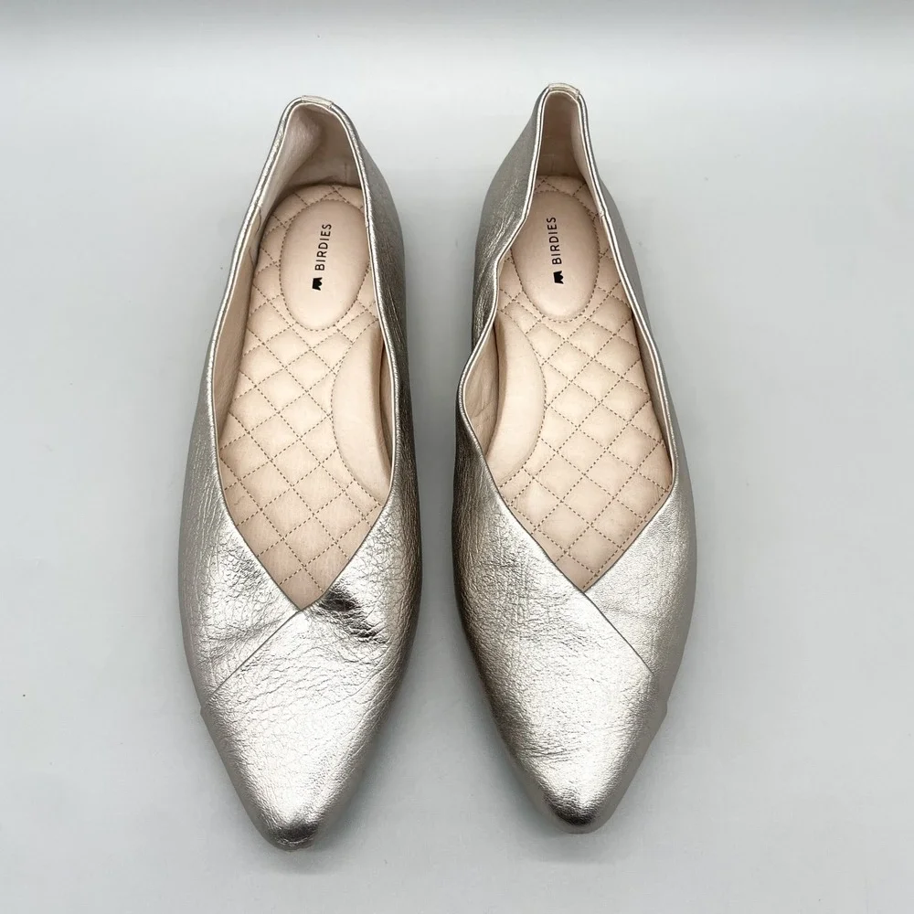 Birdies Womens 9 Goldfinch Ballet Flats Shoes Champagne Metallic Leather Chic